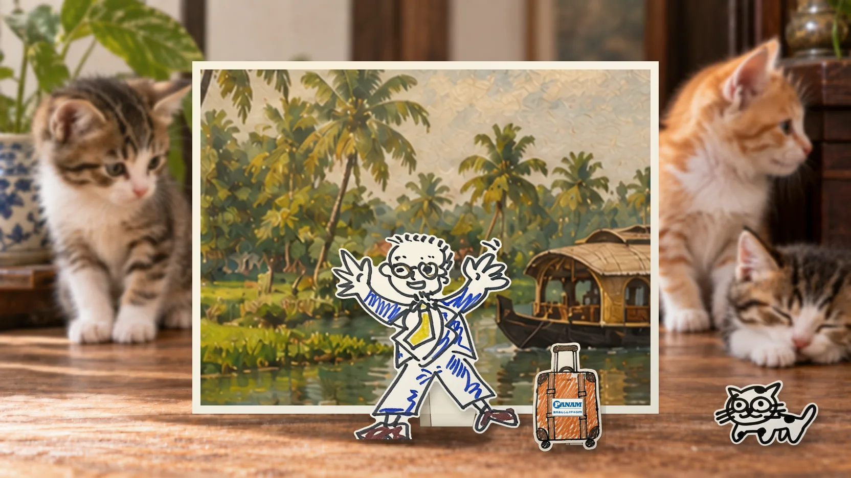 Indiaの名勝「c.1650 Kerala backwaters, palms and houseboat」を背景に、紙人形のメガネの男性がスマートフォンを持って旅先を眺めるコラージュ