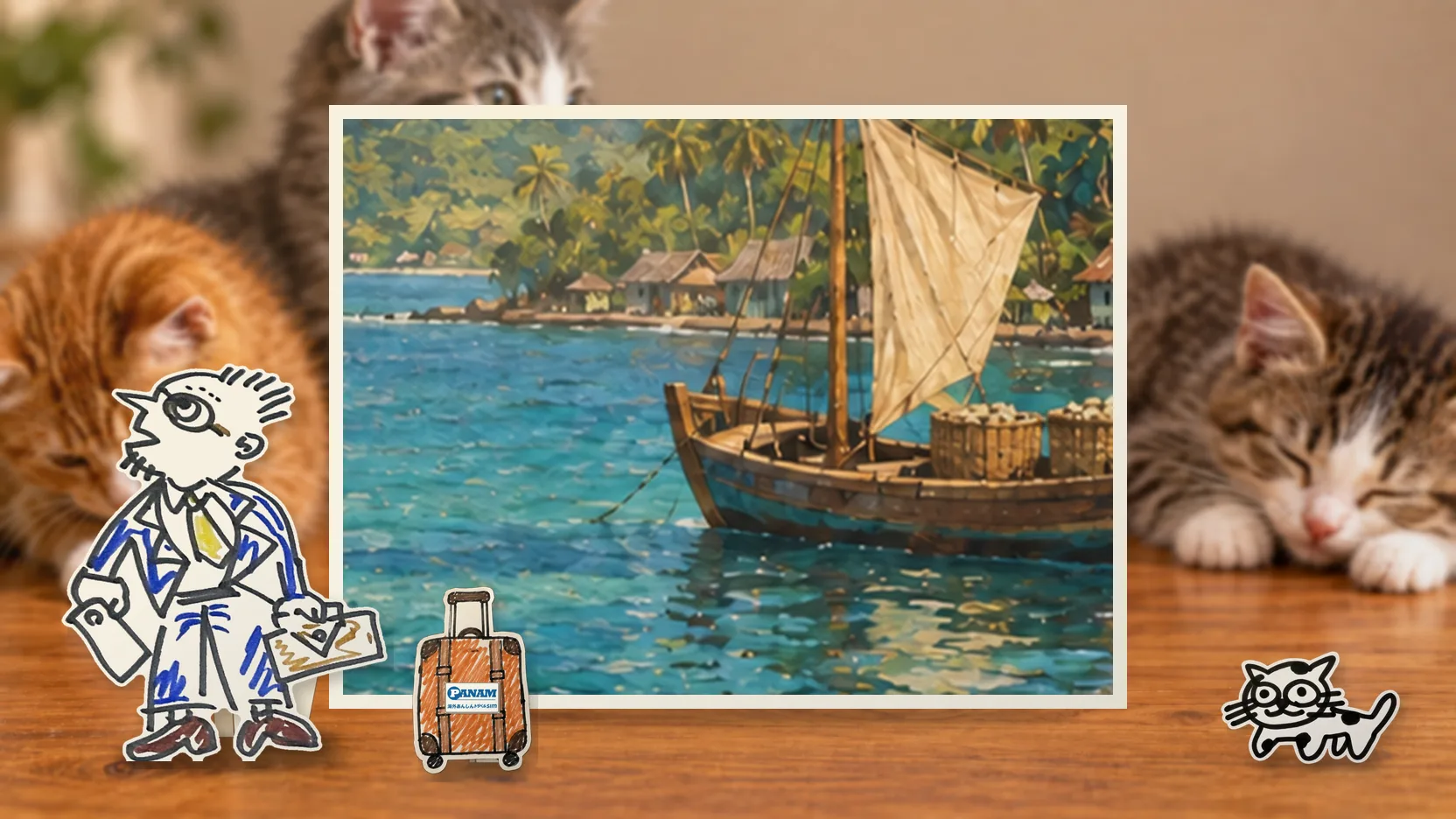 Indonesiaの名勝「c.1650 Banda Islands, nutmeg grove, volcano and spice boat」を背景に、紙人形のメガネの男性がスマートフォンを持って旅先を眺めるコラージュ
