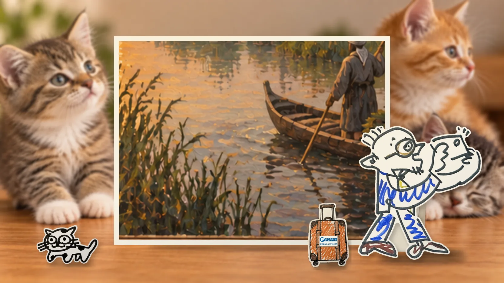 Iraqの名勝「c.1650 Mesopotamian Marshes, reed house and mashoof」を背景に、紙人形のメガネの男性がスマートフォンを持って旅先を眺めるコラージュ