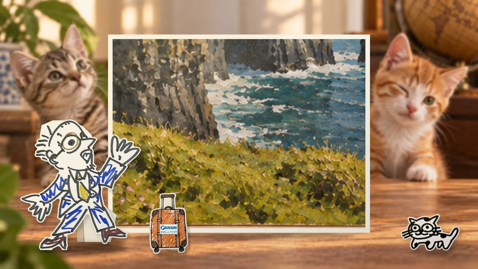 Irelandの名勝「c.1650 Cliffs of Moher and Atlantic fishing boat」を背景に、紙人形のメガネの男性がスマートフォンを持って旅先を眺めるコラージュ