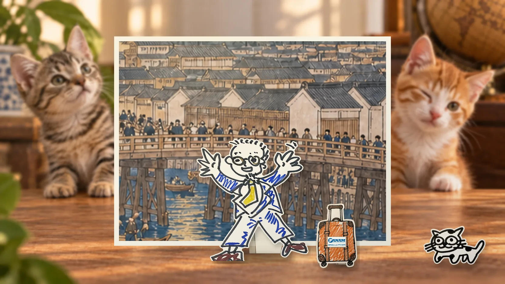 A collage of a paper standee of the founder holding a smartphone in front of a painted card of Edo: Nihonbashi, Nihonbashi River, timber merchant houses, cargo boats, distant Mount Fuji (Japan)