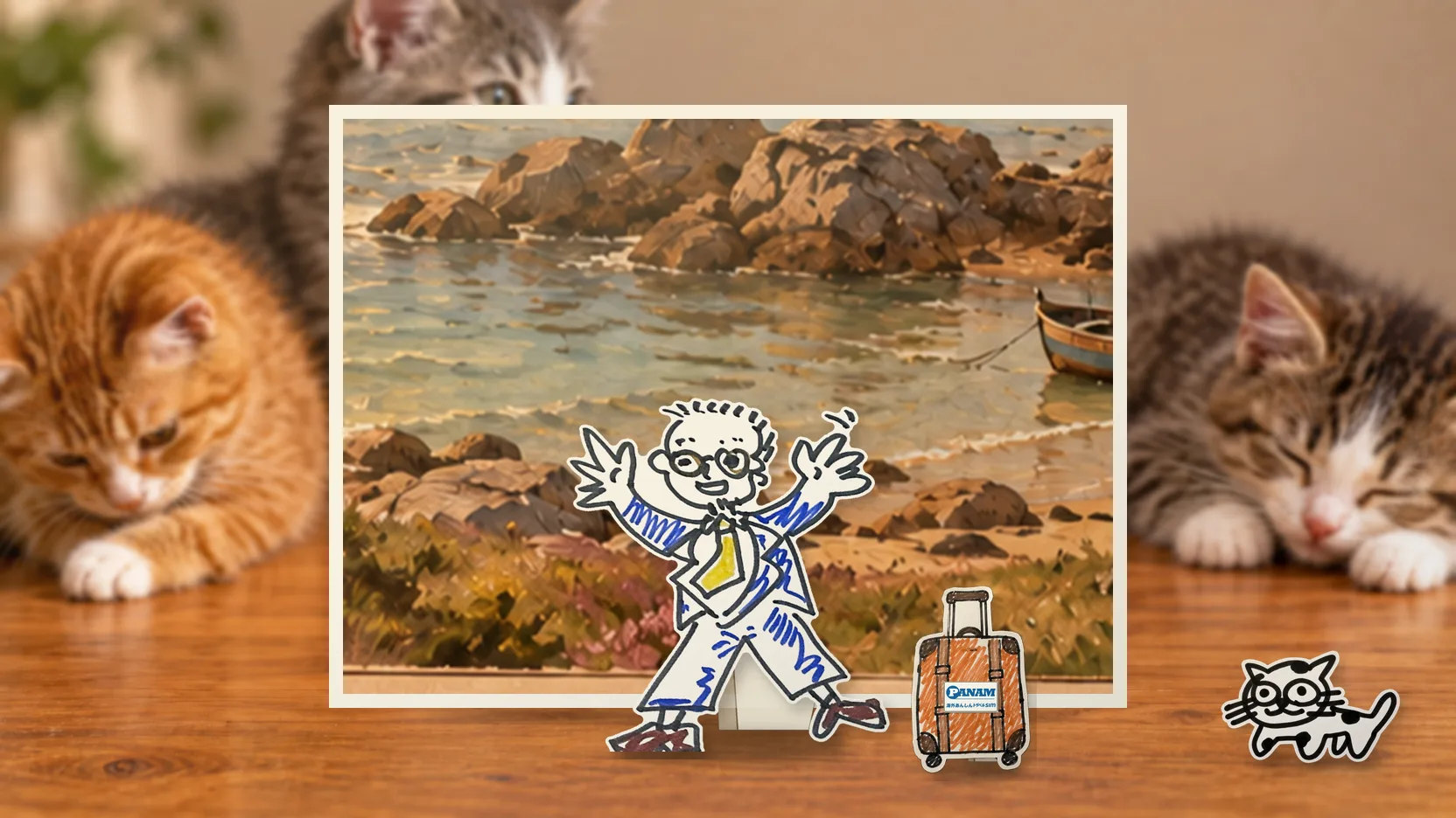 Jerseyの名勝「c.1650 St Brelade’s Bay granite cove」を背景に、紙人形のメガネの男性がスマートフォンを持って旅先を眺めるコラージュ