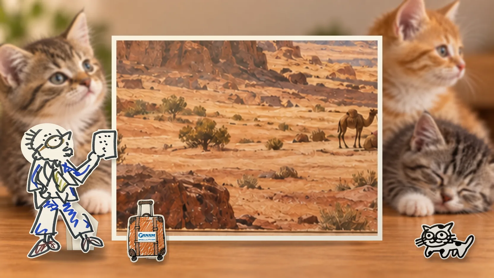 Jordanの名勝「c.1650 Wadi Rum sandstone arch」を背景に、紙人形のメガネの男性がスマートフォンを持って旅先を眺めるコラージュ