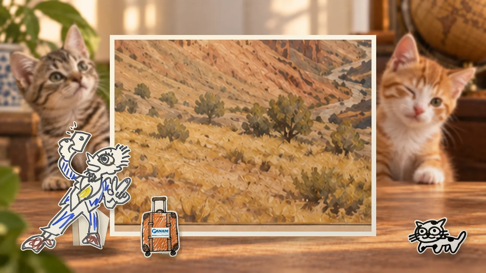 Kazakhstanの名勝「c.1650 Charyn Canyon」を背景に、紙人形のメガネの男性がスマートフォンを持って旅先を眺めるコラージュ