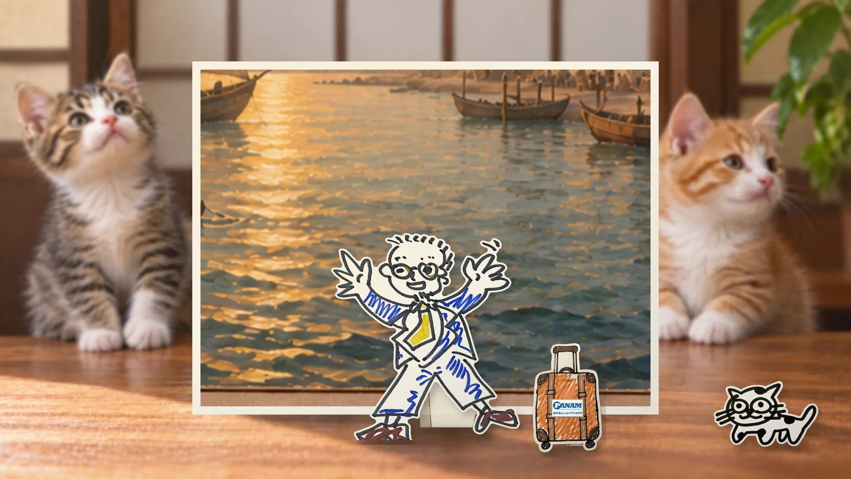 Kuwaitの名勝「c.1650 Kuwait Bay and pearl-diving dhow」を背景に、紙人形のメガネの男性がスマートフォンを持って旅先を眺めるコラージュ