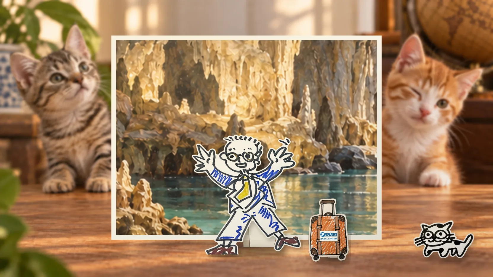 Lebanonの名勝「c.1650 Jeita Grotto cave river」を背景に、紙人形のメガネの男性がスマートフォンを持って旅先を眺めるコラージュ