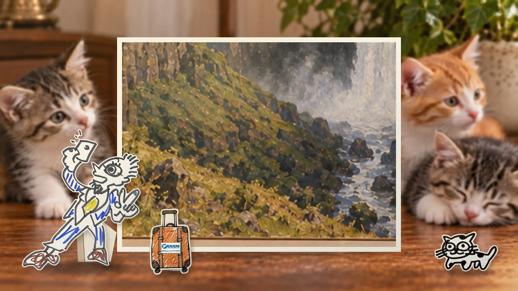 Lesothoの名勝「c.1650 Maletsunyane Falls」を背景に、紙人形のメガネの男性がスマートフォンを持って旅先を眺めるコラージュ
