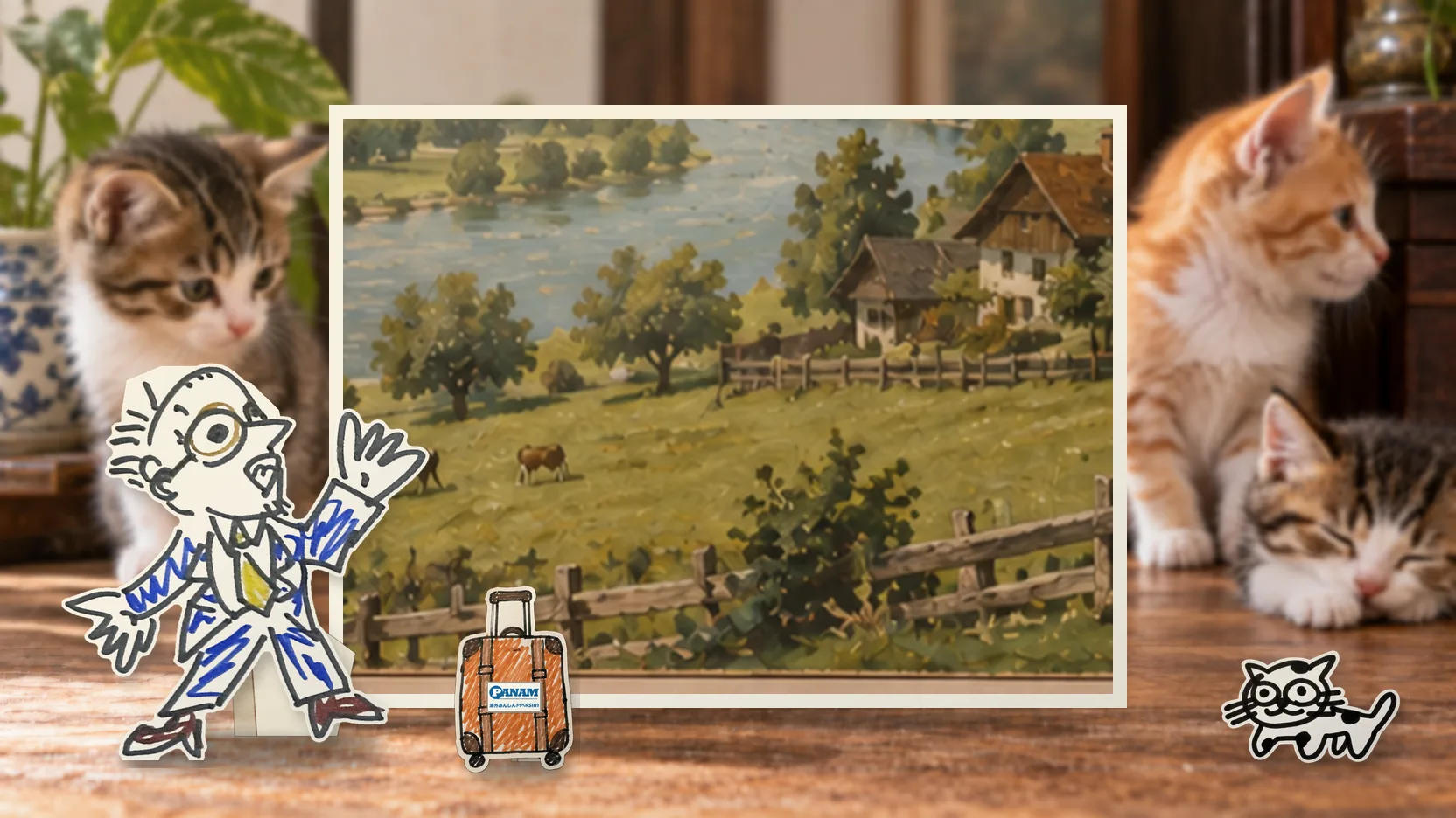 Liechtensteinの名勝「c.1650 Rhine Valley and Alps」を背景に、紙人形のメガネの男性がスマートフォンを持って旅先を眺めるコラージュ