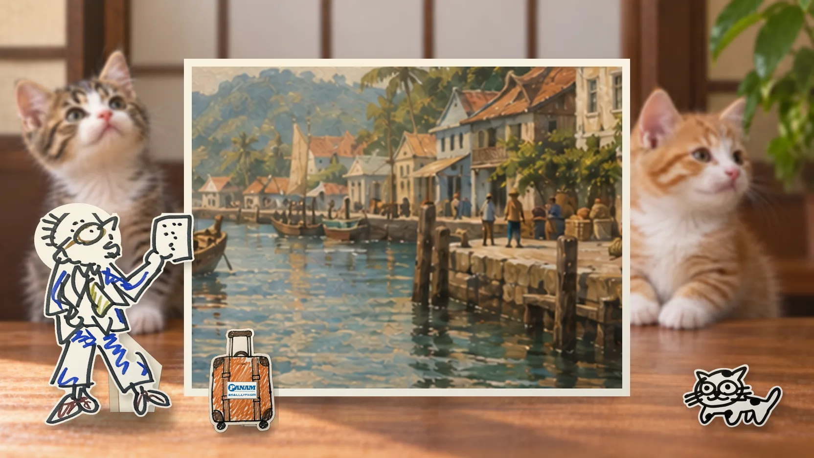 A collage of a paper standee of the founder holding a smartphone in front of a painted card of country-specific positive 16th–17th-century landmark; no Met dependency (Malaysia)