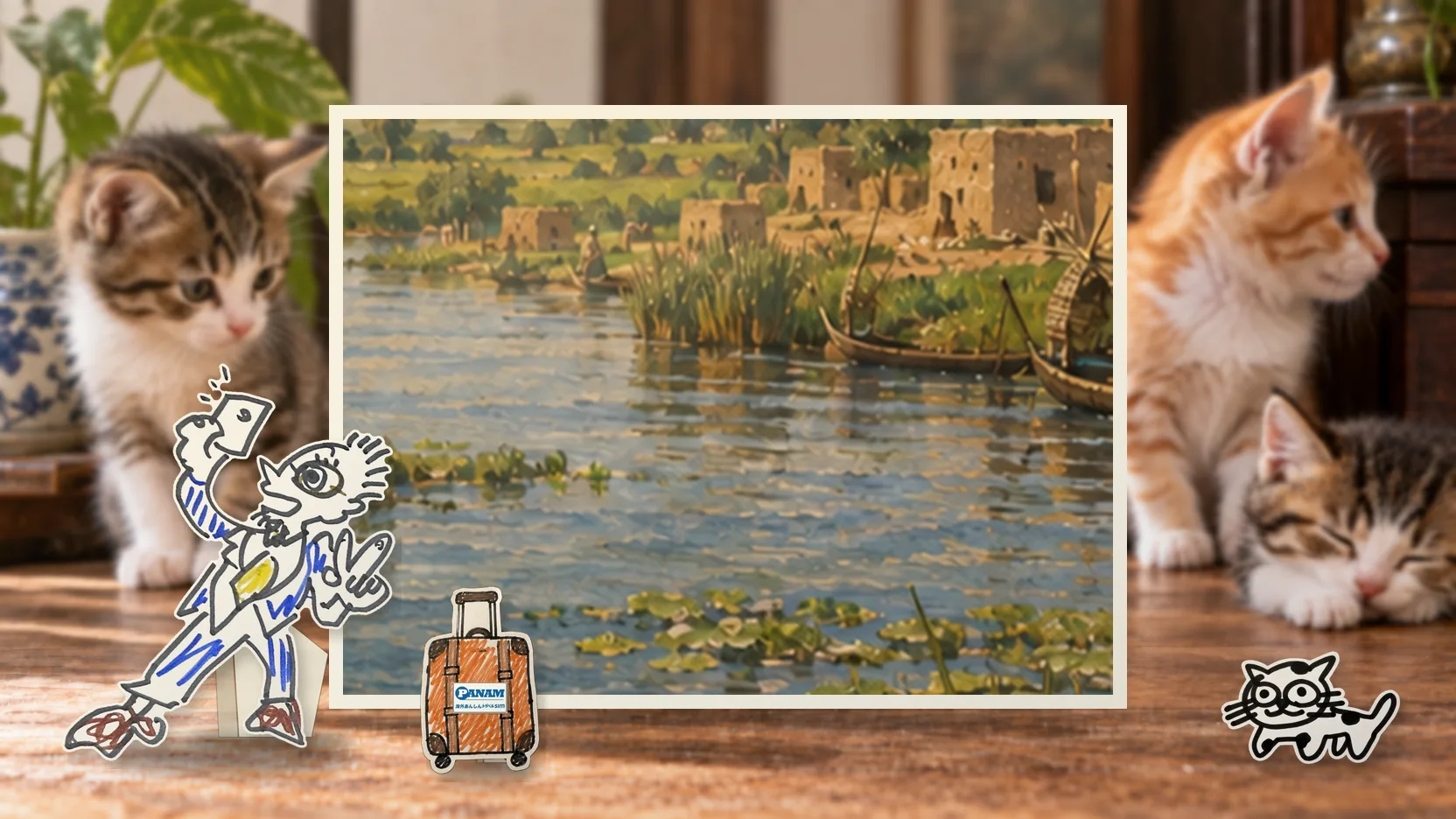 Maliの名勝「country-specific positive 16th–17th-century landmark; no Met dependency」を背景に、紙人形のメガネの男性がスマートフォンを持って旅先を眺めるコラージュ