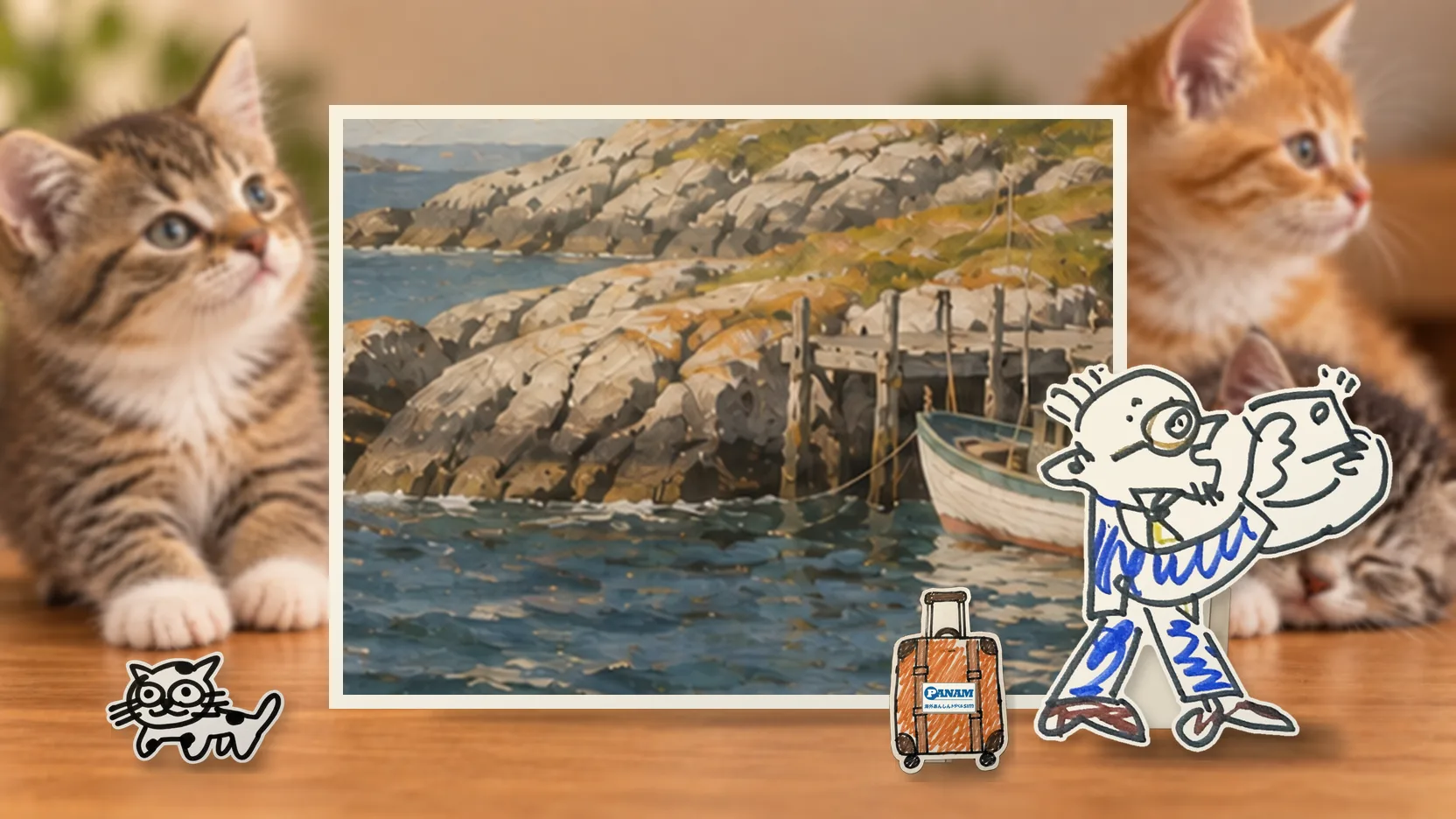 Saint Pierre And Miquelonの名勝「country-specific positive 16th–17th-century landmark; no Met dependency」を背景に、紙人形のメガネの男性がスマートフォンを持って旅先を眺めるコラージュ