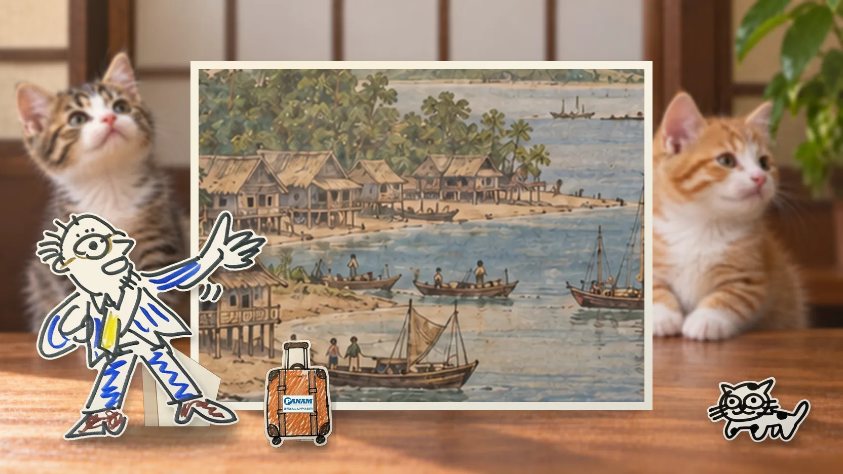 A collage of a paper standee of the founder holding a smartphone in front of a painted card of Singapore Strait / Temasek: Malay stilt houses, perahu boats, mangroves, sheltered blue strait, low islands (Singapore)