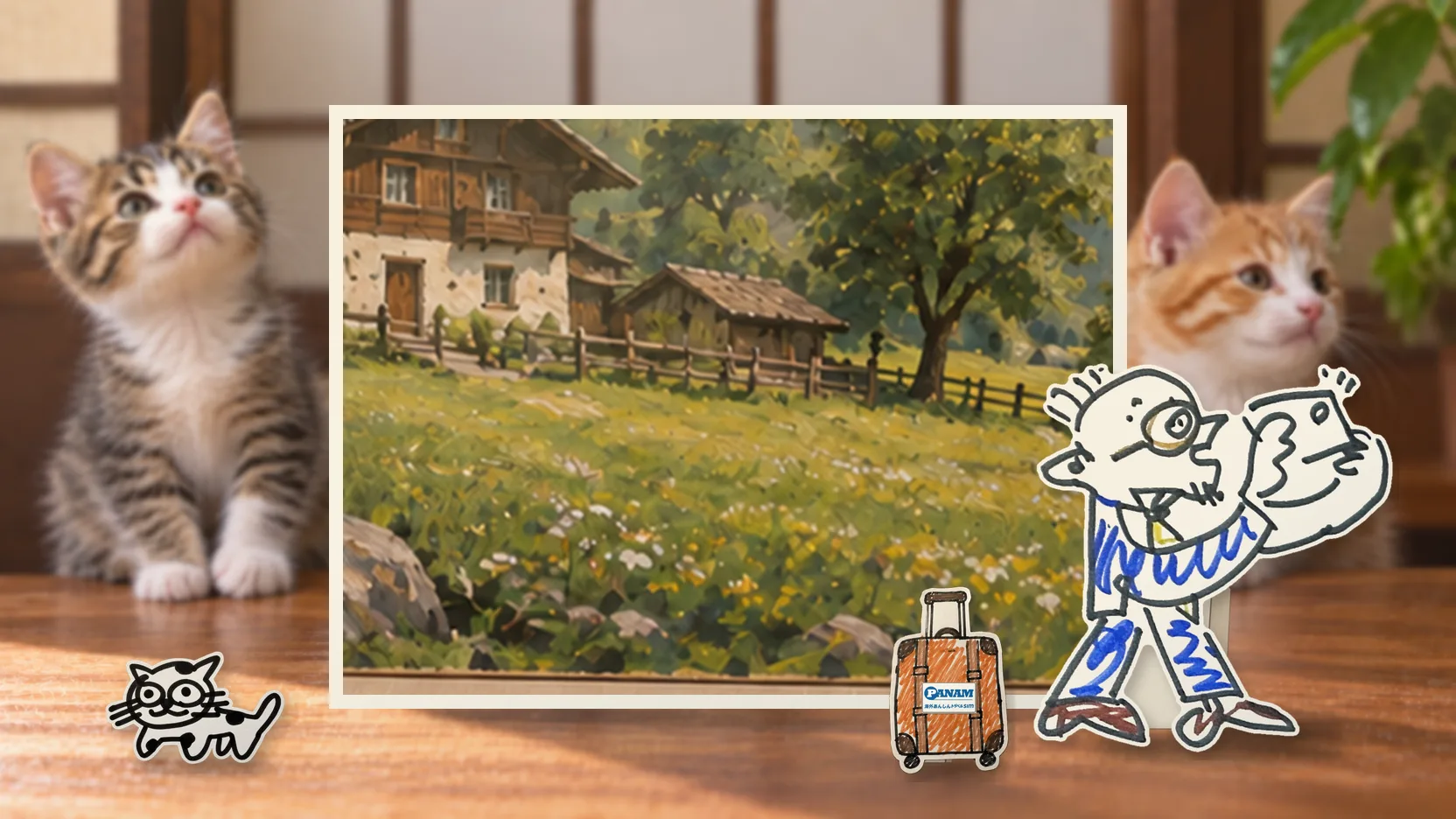 Switzerlandの名勝「country-specific positive 16th–17th-century landmark; no Met dependency」を背景に、紙人形のメガネの男性がスマートフォンを持って旅先を眺めるコラージュ