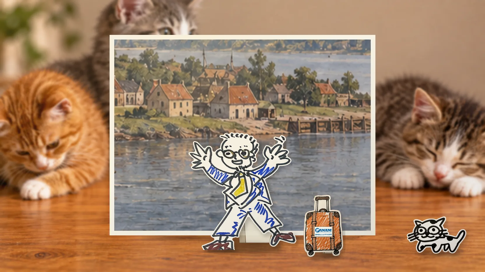 United Statesの名勝「Hudson River and lower Manhattan: wooded island shore, small secular Dutch riverside settlement, windmill, cargo boats」を背景に、紙人形のメガネの男性がスマートフォンを持って旅先を眺めるコラージュ