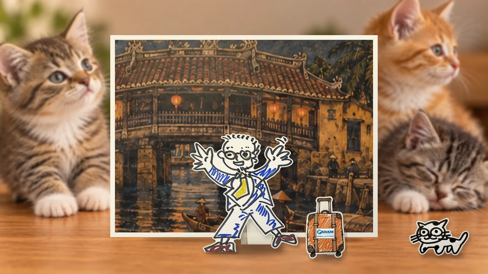 Vietnamの名勝「Hội An: secular Japanese Covered Bridge, Thu Bồn River cargo boats, timber merchant houses, palm-lined quay」を背景に、紙人形のメガネの男性がスマートフォンを持って旅先を眺めるコラージュ
