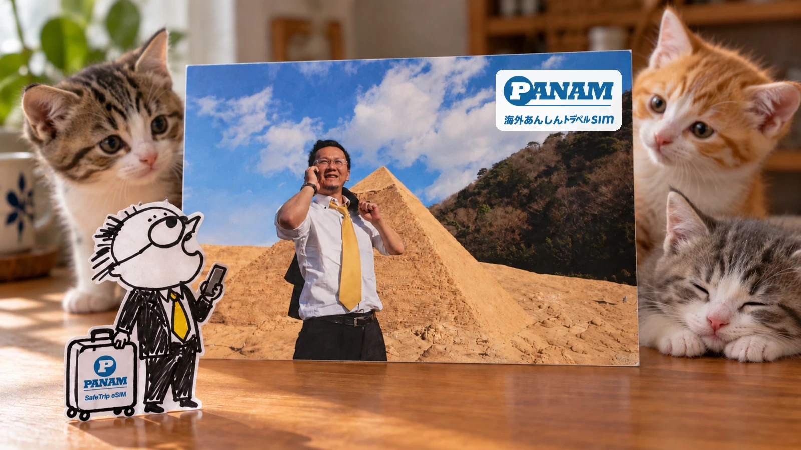 A collage of a pyramid photo with a paper standee of the founder and kittens; the PANAM logo is printed on the photo