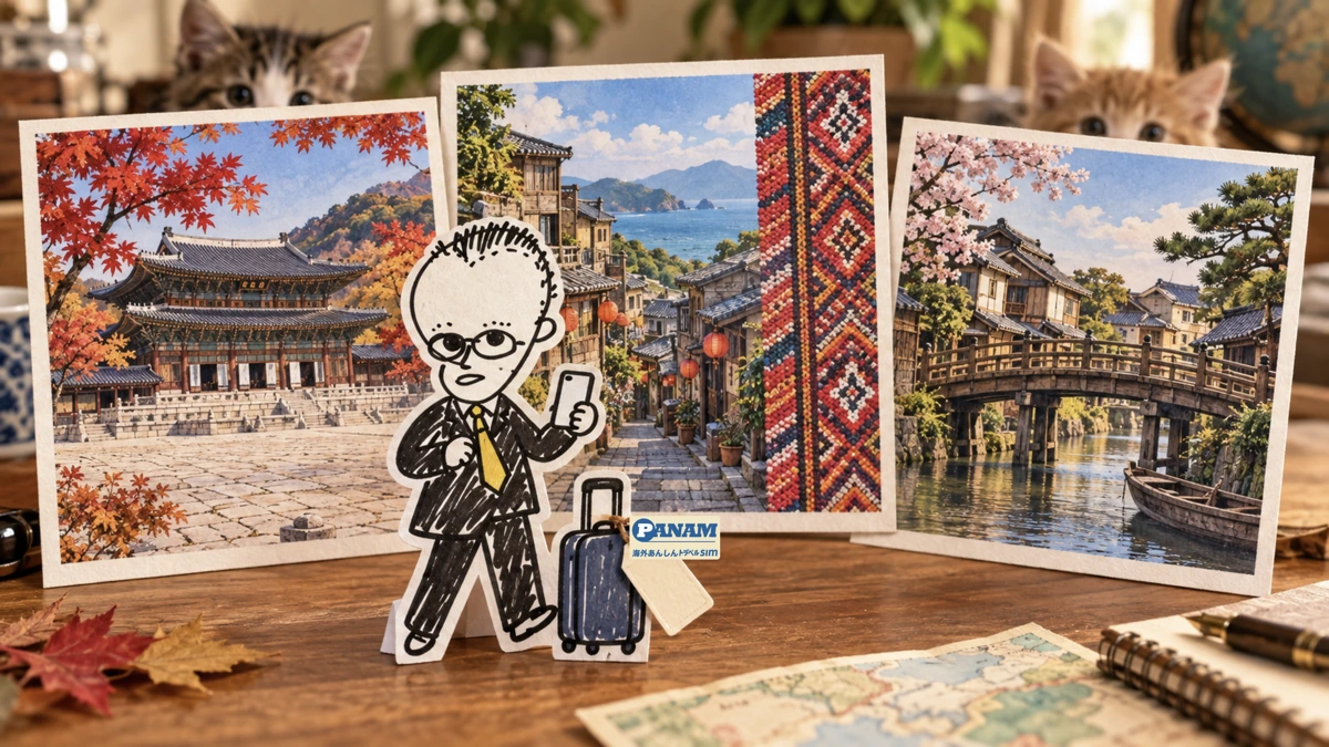 韓国・台湾・日本の3枚の旅行ポストカードと、紙人形のメガネの男性・PANAMロゴ入りスーツケースを配したコラージュ