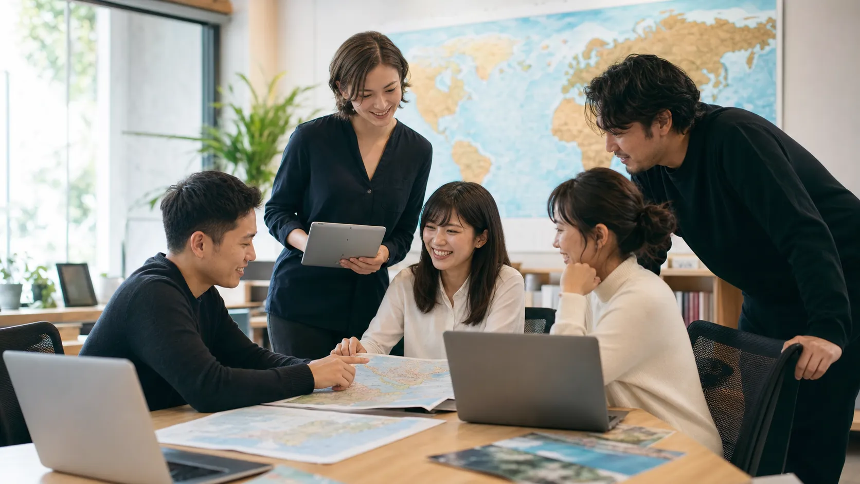 A natural team scene of diverse members supporting a travel and connectivity service