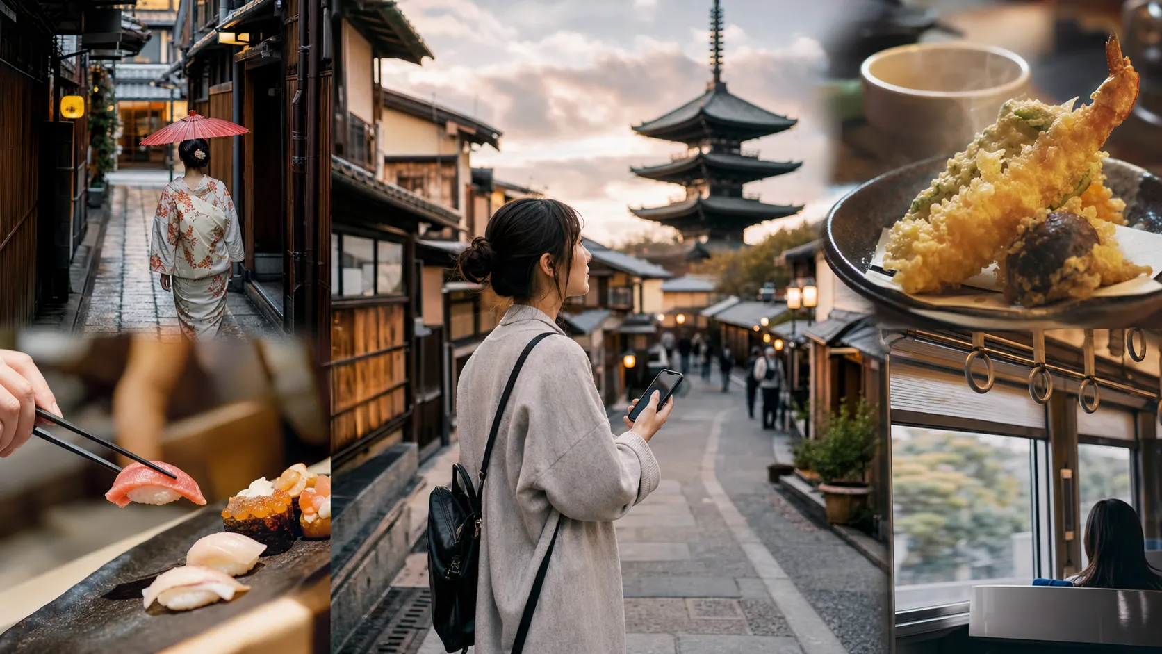 A magazine-cover-style image mixing Japanese streets, food, transport and a smartphone