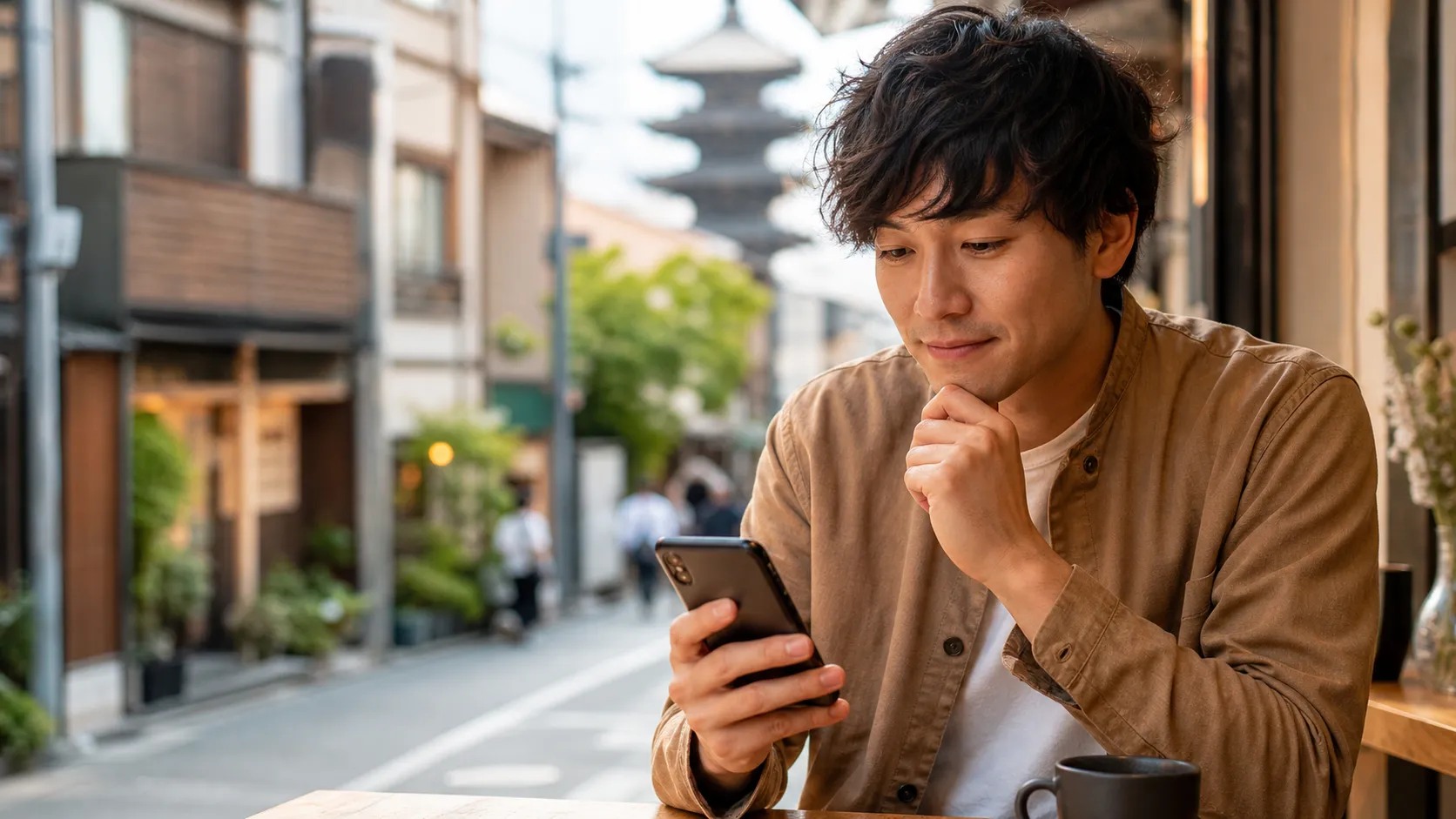 A traveler researching destination information on a phone with Japanese streets behind them