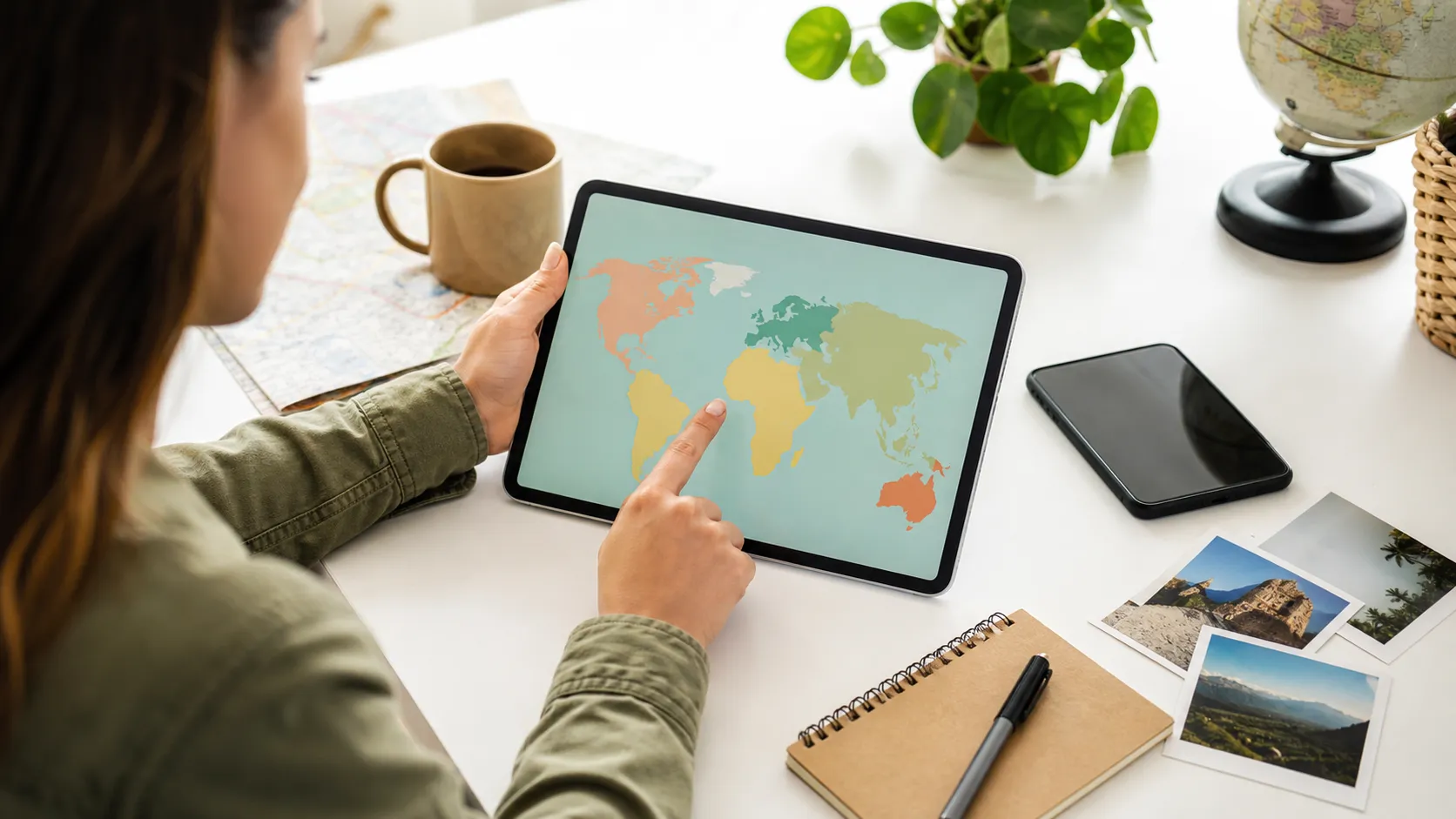 A traveler choosing where to go while looking at a decorative world map