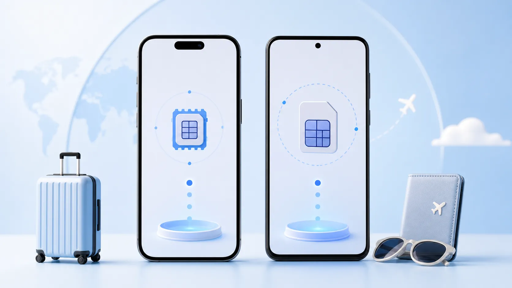 Two phones side by side, evoking an iPhone and an Android, used to prepare an eSIM before a trip