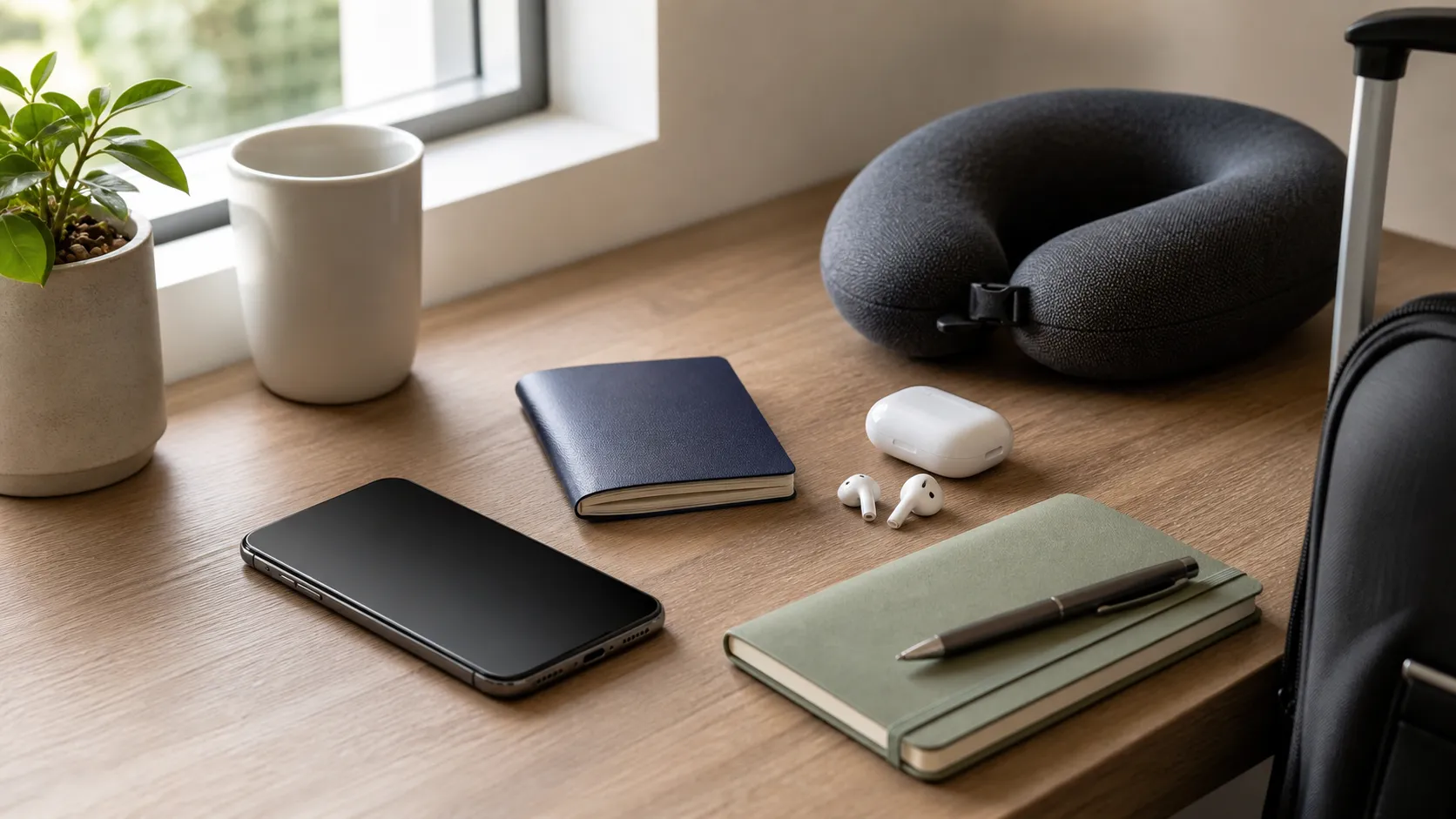 A desk before a trip with a phone, passport, earphones and a notebook ready for eSIM setup