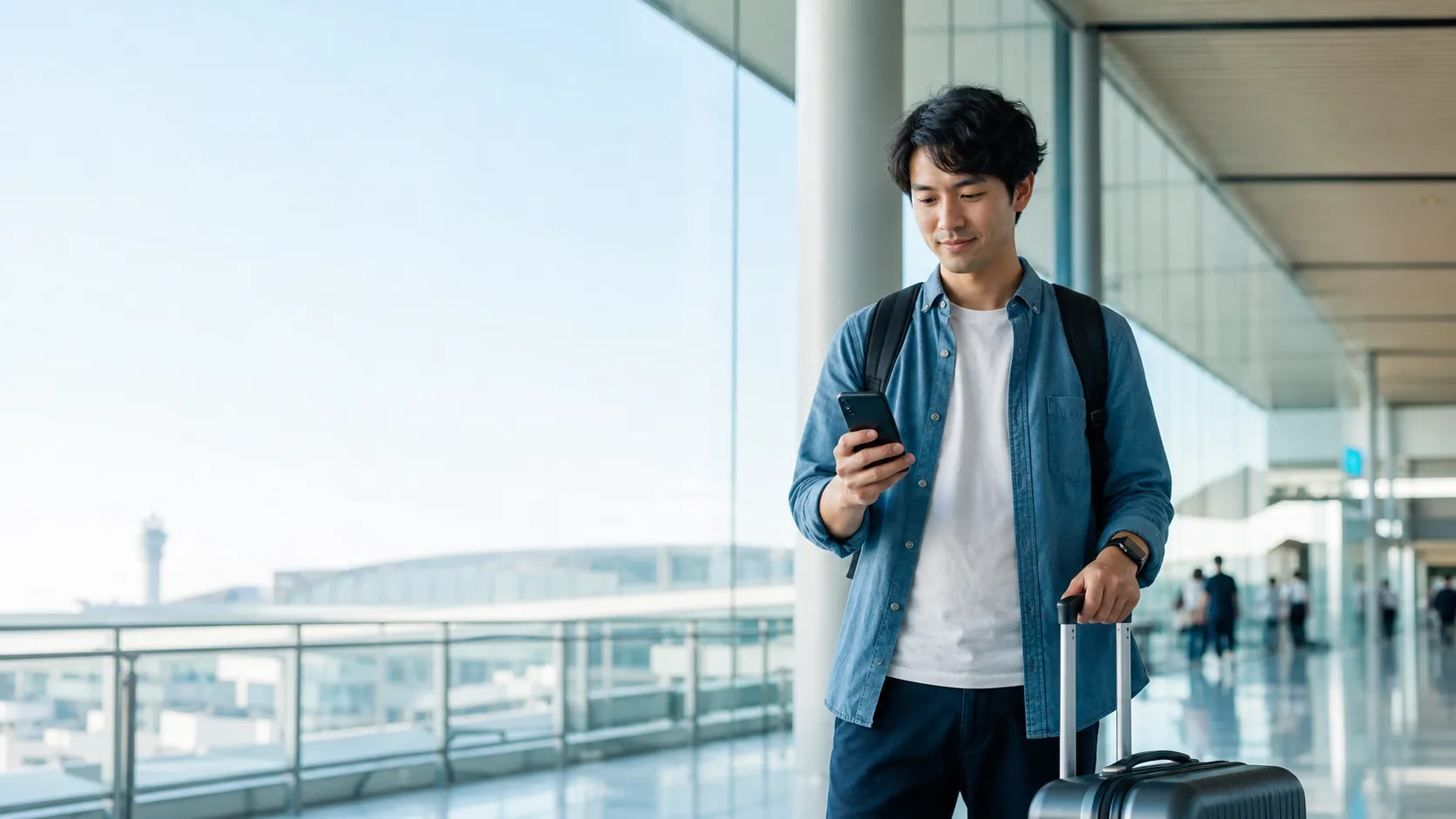 A traveler checking their phone at a Japanese airport just after landing