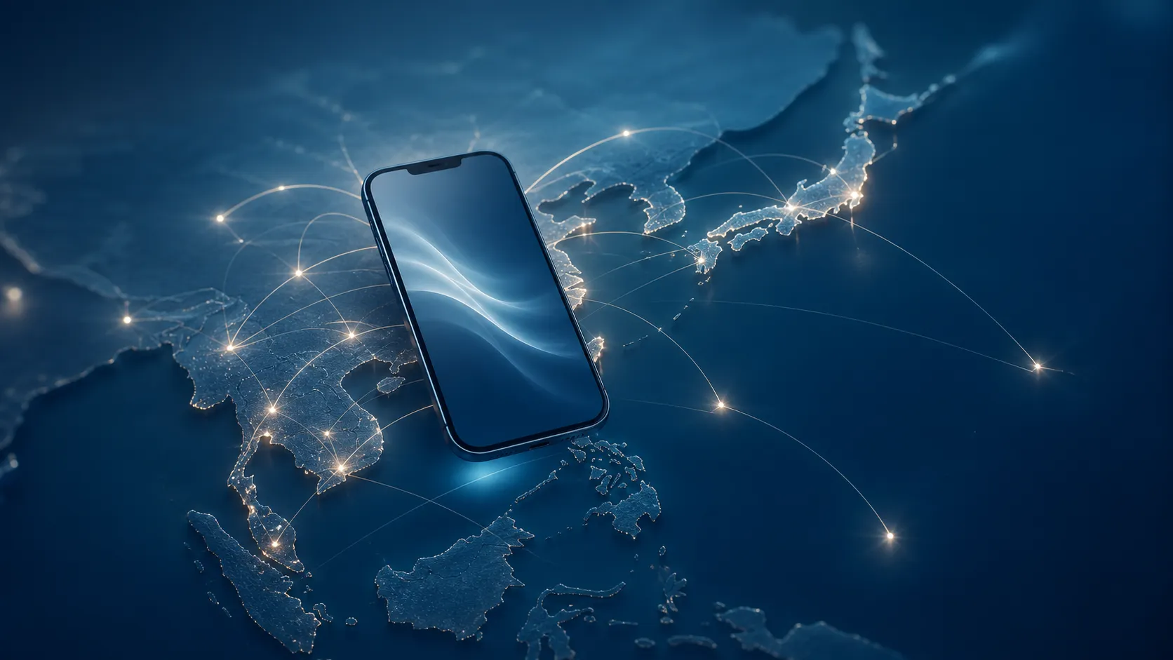 An abstract communication network linking Japan and Asia around a smartphone