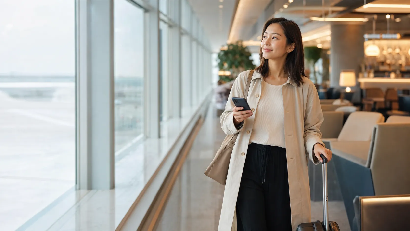 A traveler heading from Japan across Asia, with an airport lounge and transit atmosphere
