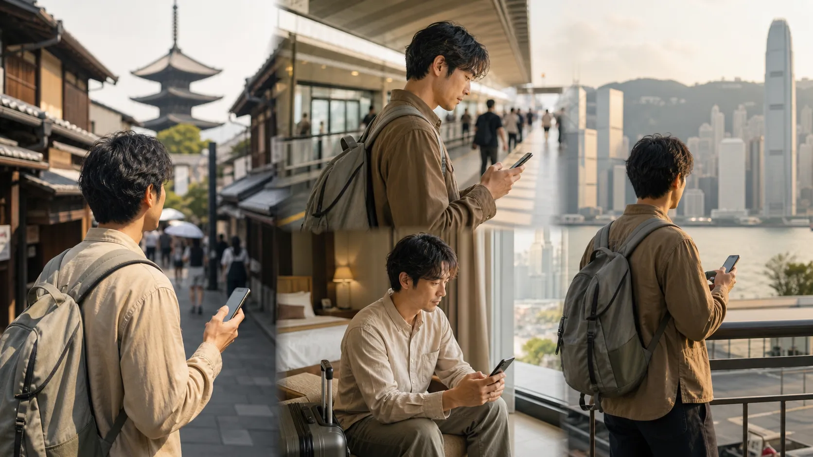 A traveler using a phone while moving between East and Southeast Asian cities