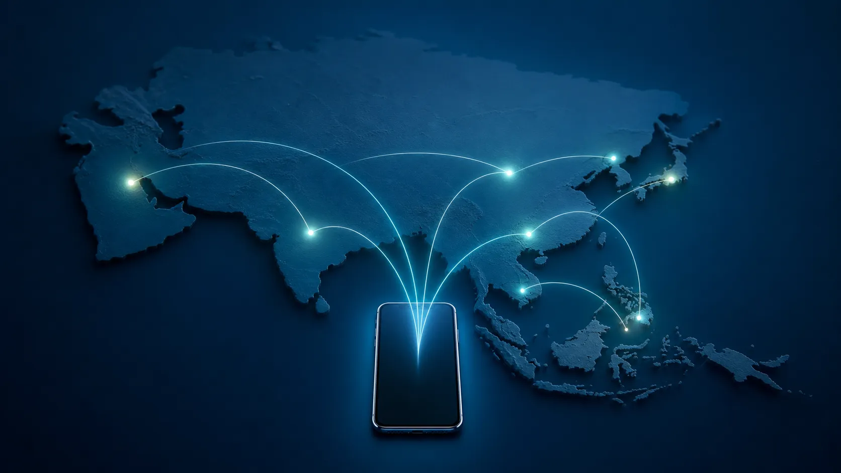 An abstract route linking countries across Asia around a smartphone