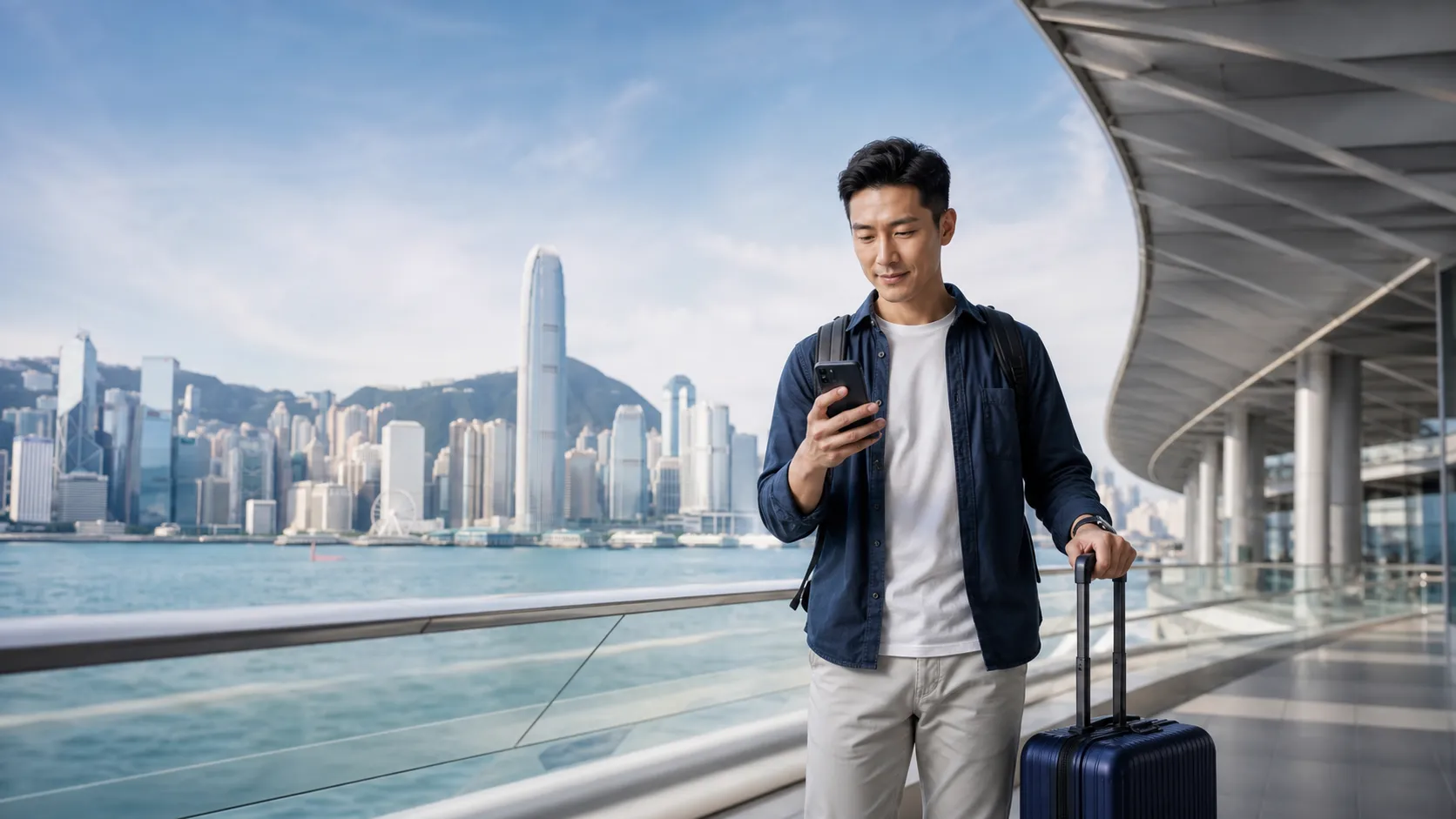 A traveler exploring mainland China and Hong Kong with an urban skyline in the background