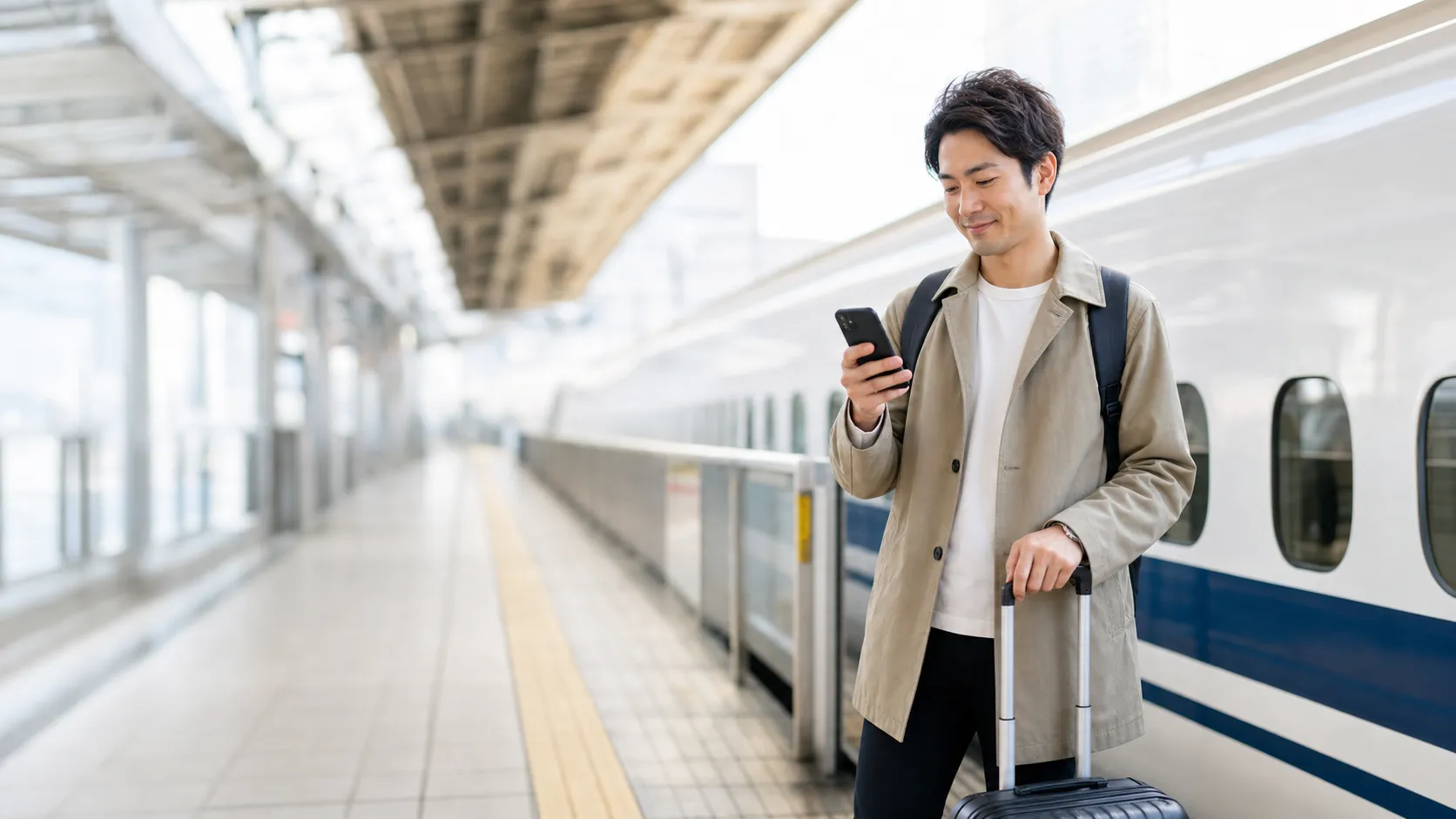 A traveler holding a connected phone with a Japanese city and shinkansen in the background