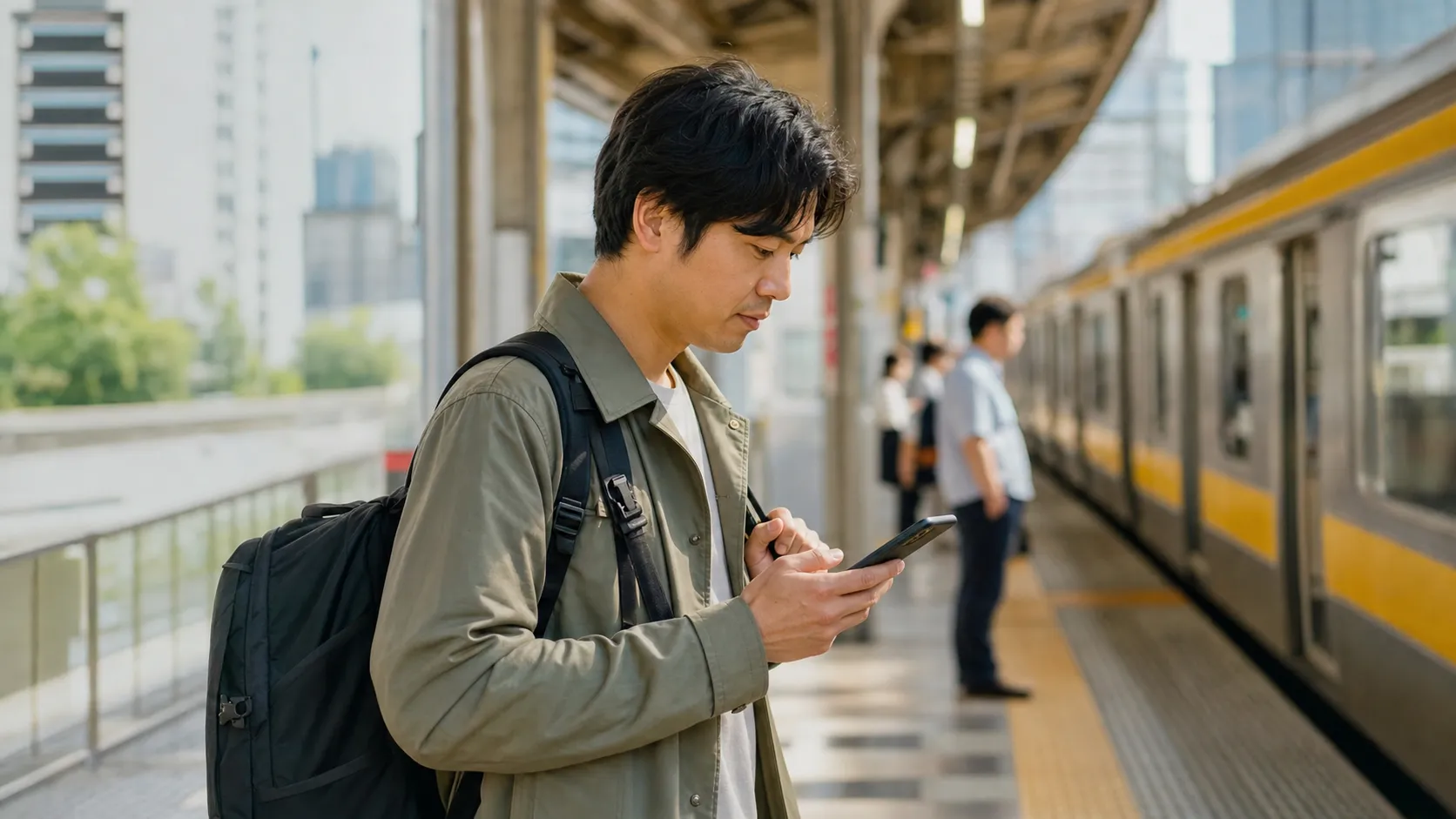 A traveler using maps and reservations on a phone at a station, street and restaurant in Japan