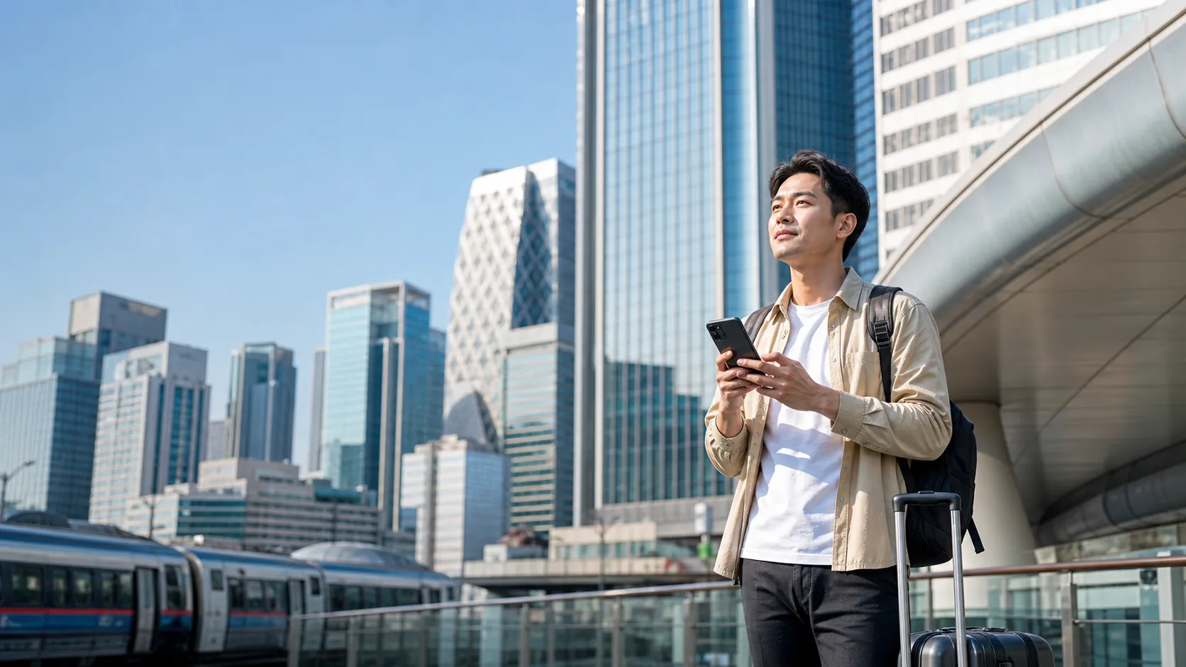 A traveler using a phone in Seoul, with street signage kept abstract