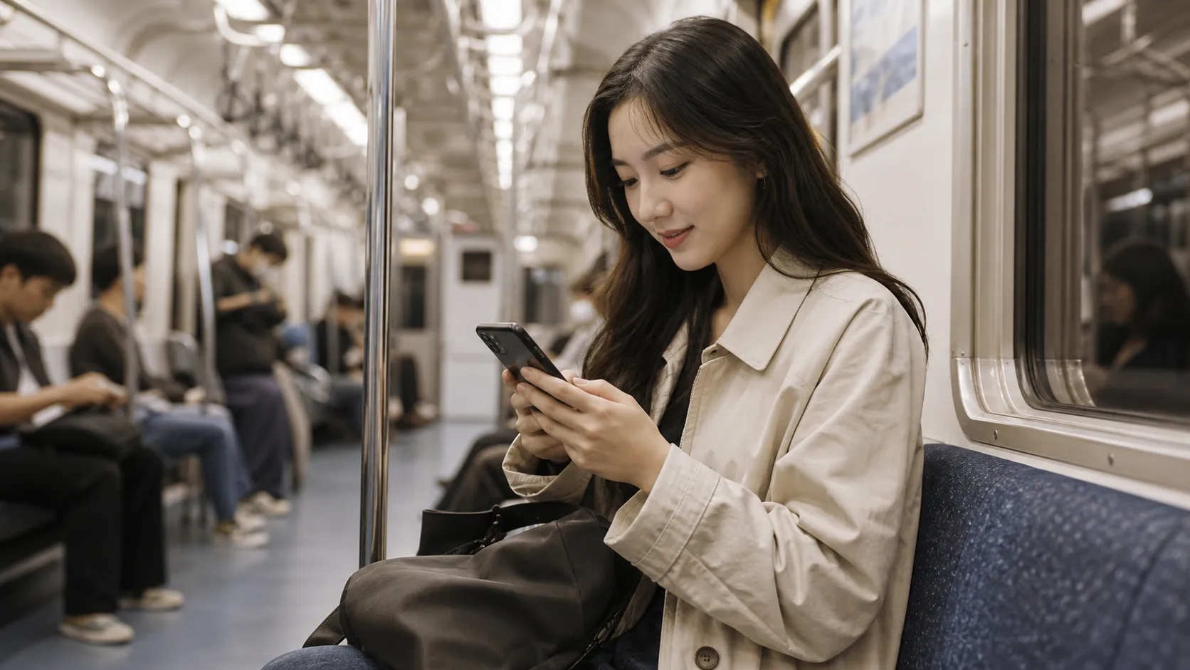 A traveler using maps and translation on a phone in a Korean subway, cafe and street