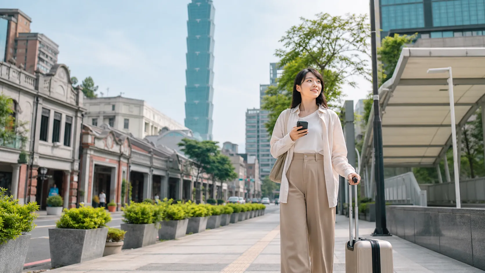 A traveler using a phone while walking through Taiwan, with a night-market and station atmosphere