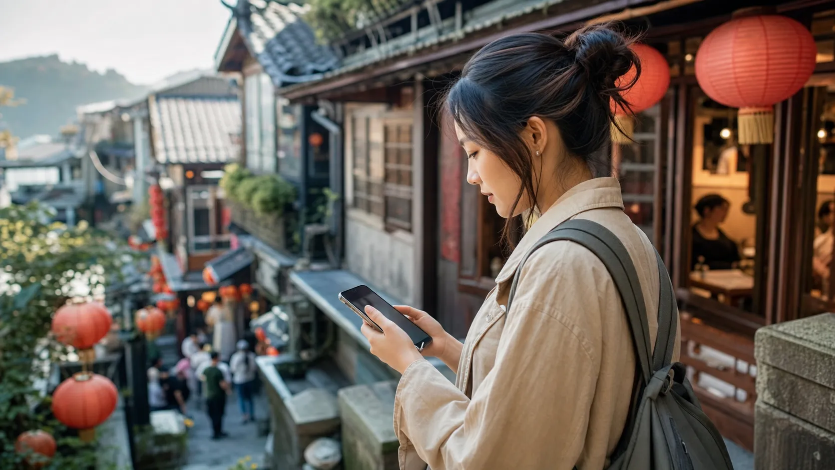 A traveler using a phone for transport, food and sightseeing in Taiwan