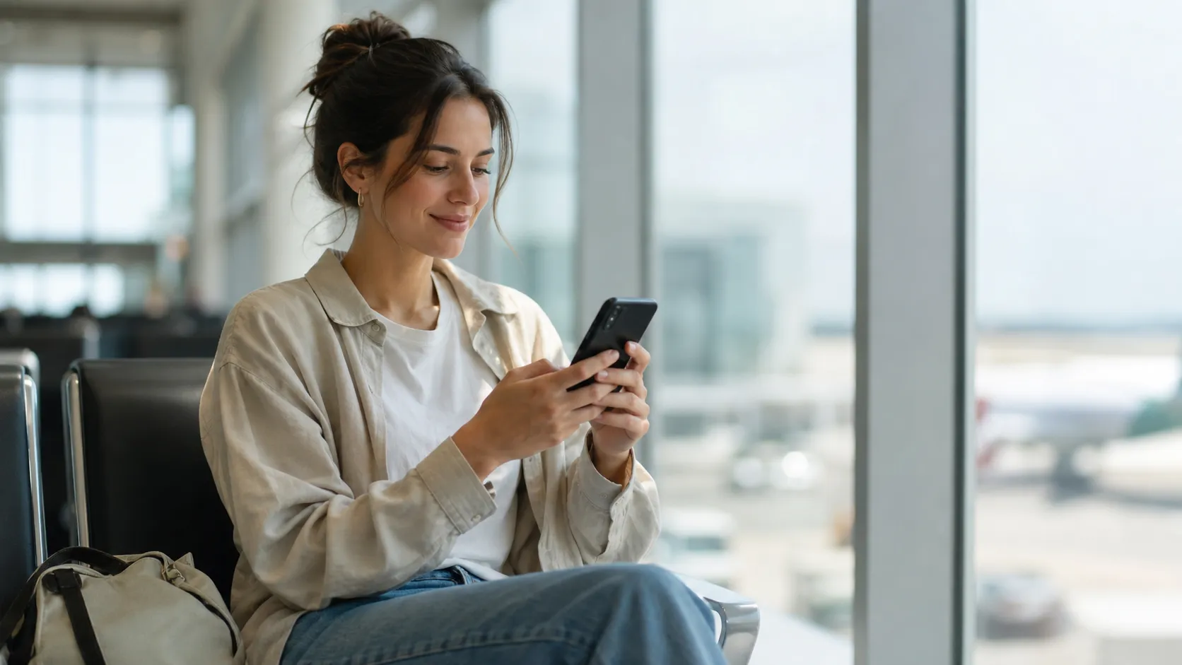 A traveler checking their phone connection abroad and looking reassured