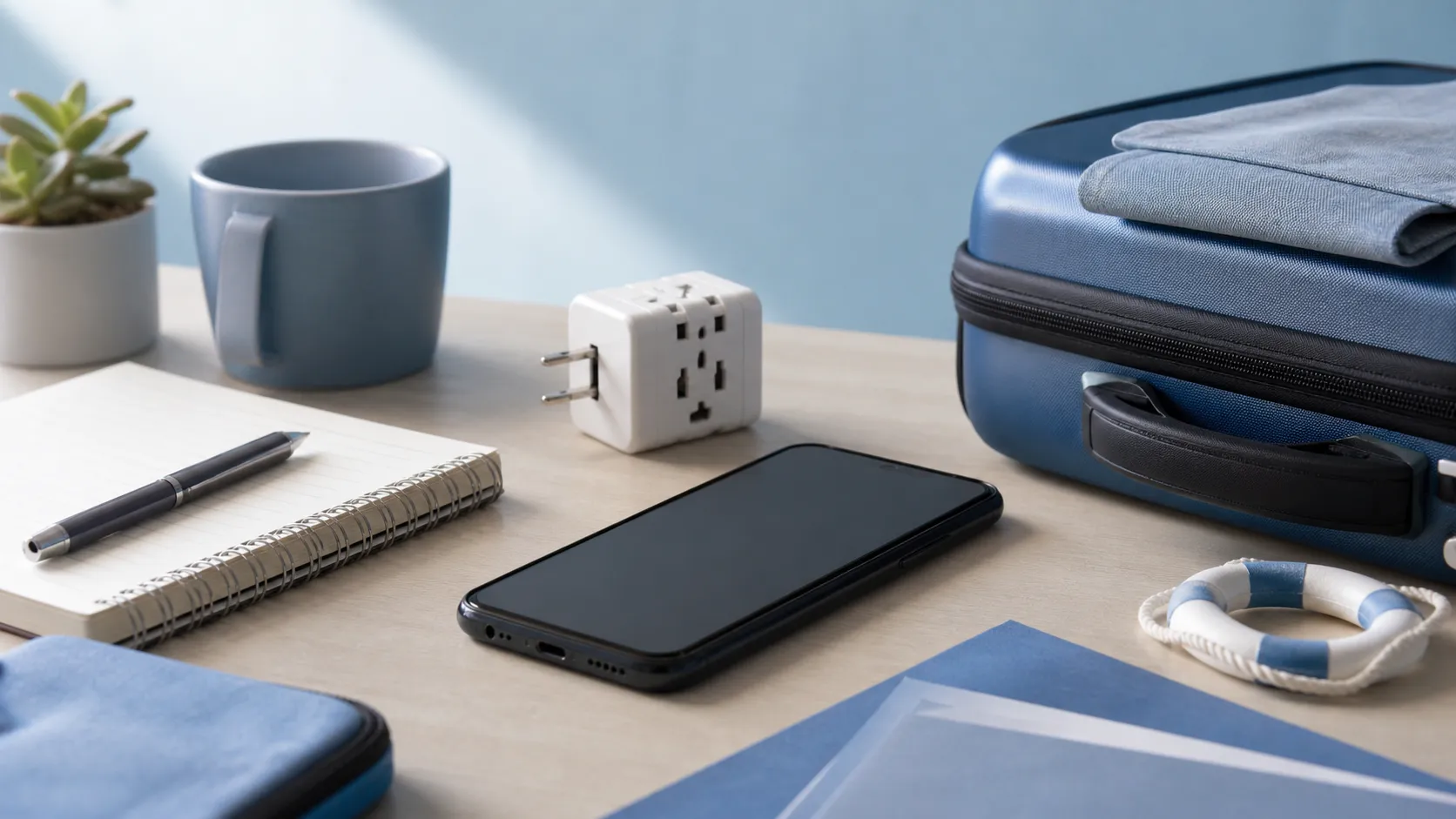 A desk scene evoking a phone, help and settings for travel support