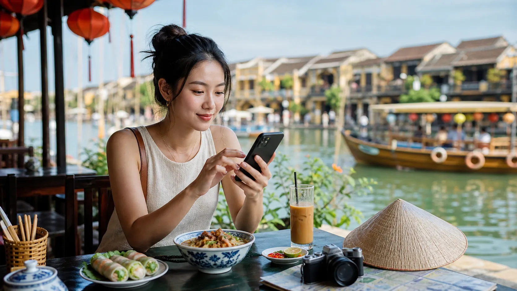 海外旅行・eSIM・グルメ・観光を組み合わせた日本語旅行メディア風のイメージ