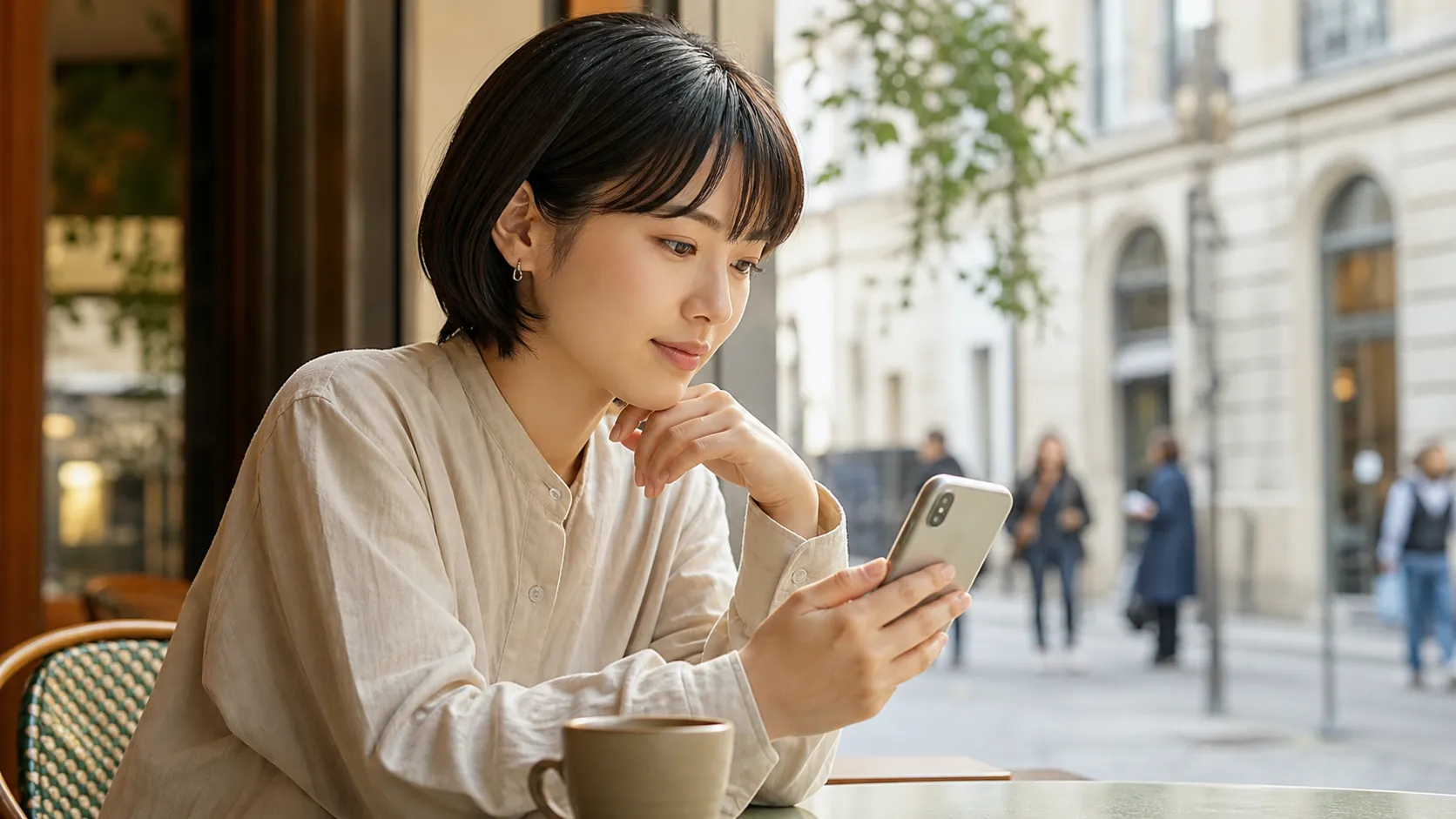 旅先の情報をスマホで調べる旅行者と街の背景