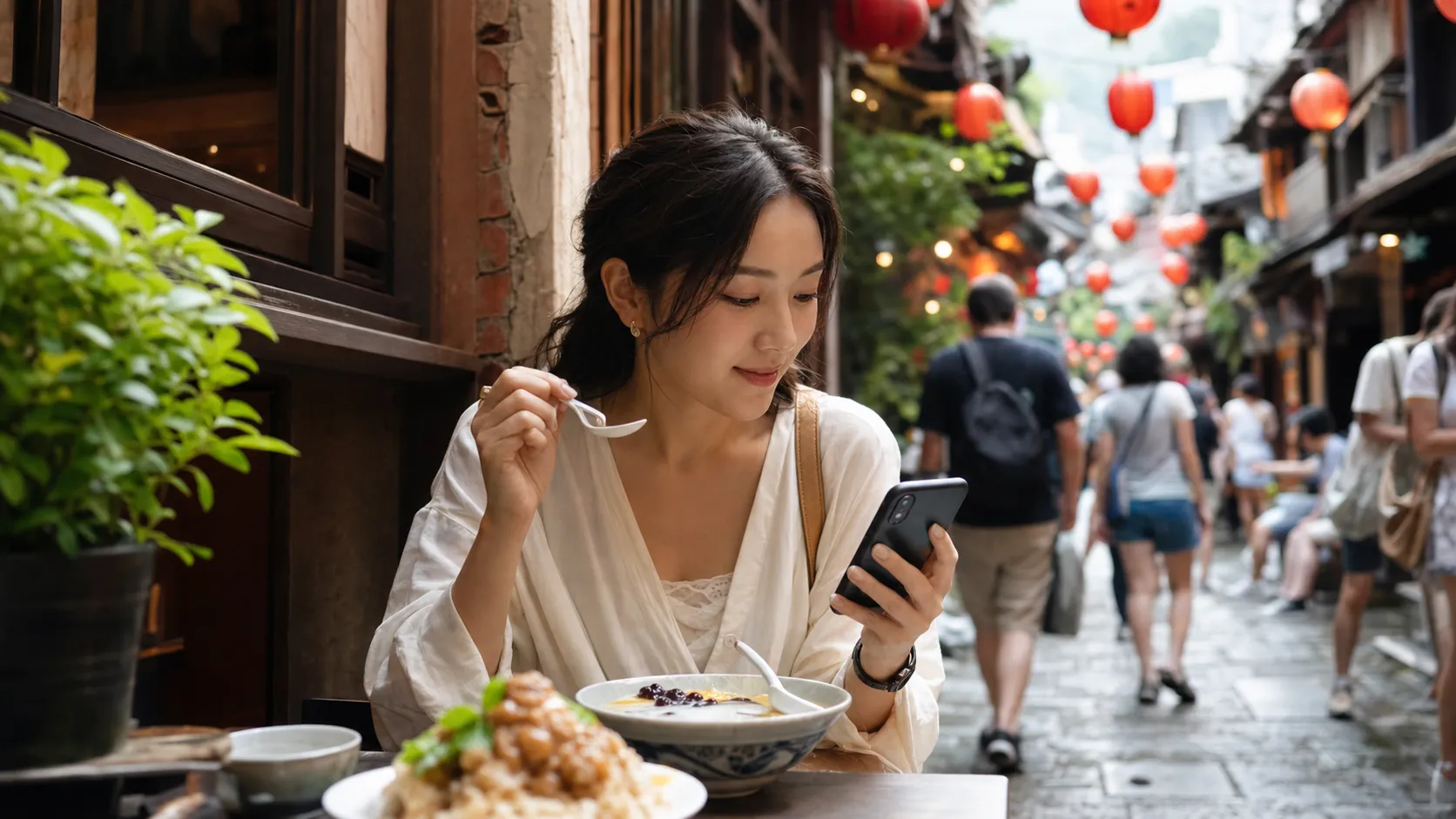 台湾の観光・飲食・移動中にスマホを使う旅行者