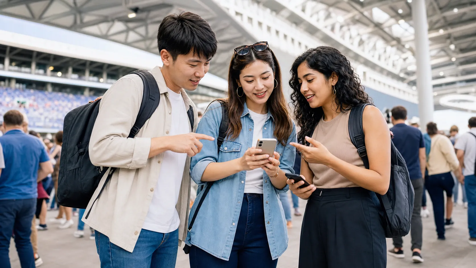 スタジアムや大型会場でスマホを使い、同行者と連絡する旅行者