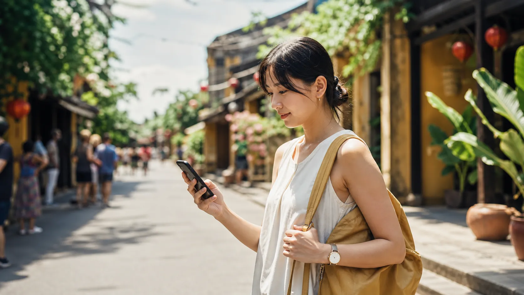 韓国・台湾・タイなどアジアの街を歩きながらスマホを使う旅行者