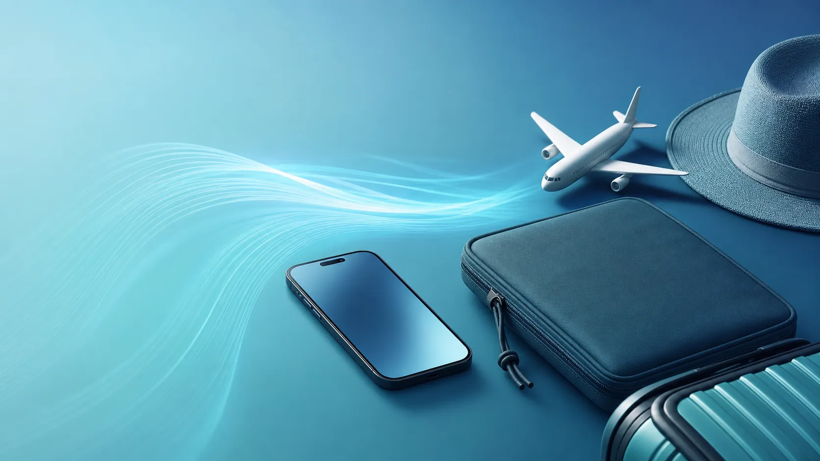 旅道具とつながったスマホで使い放題の安心感を表すイメージ