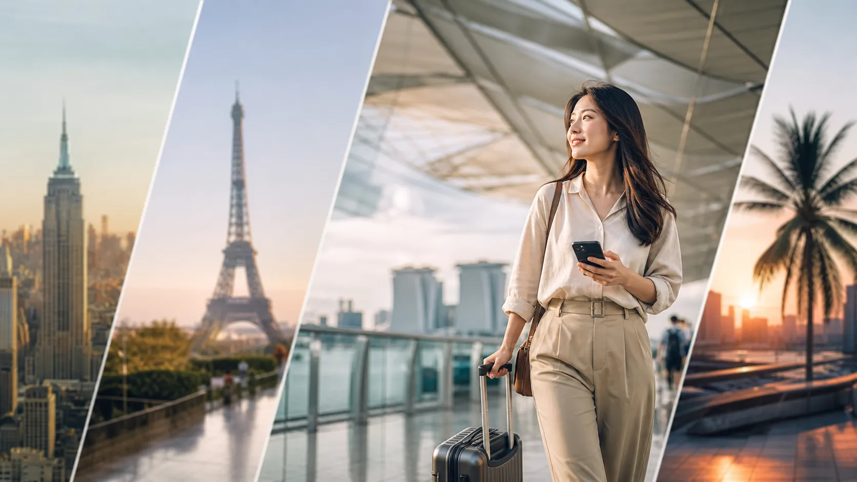 世界各地を移動する旅行者とスマホ（グローバルパックのイメージ）