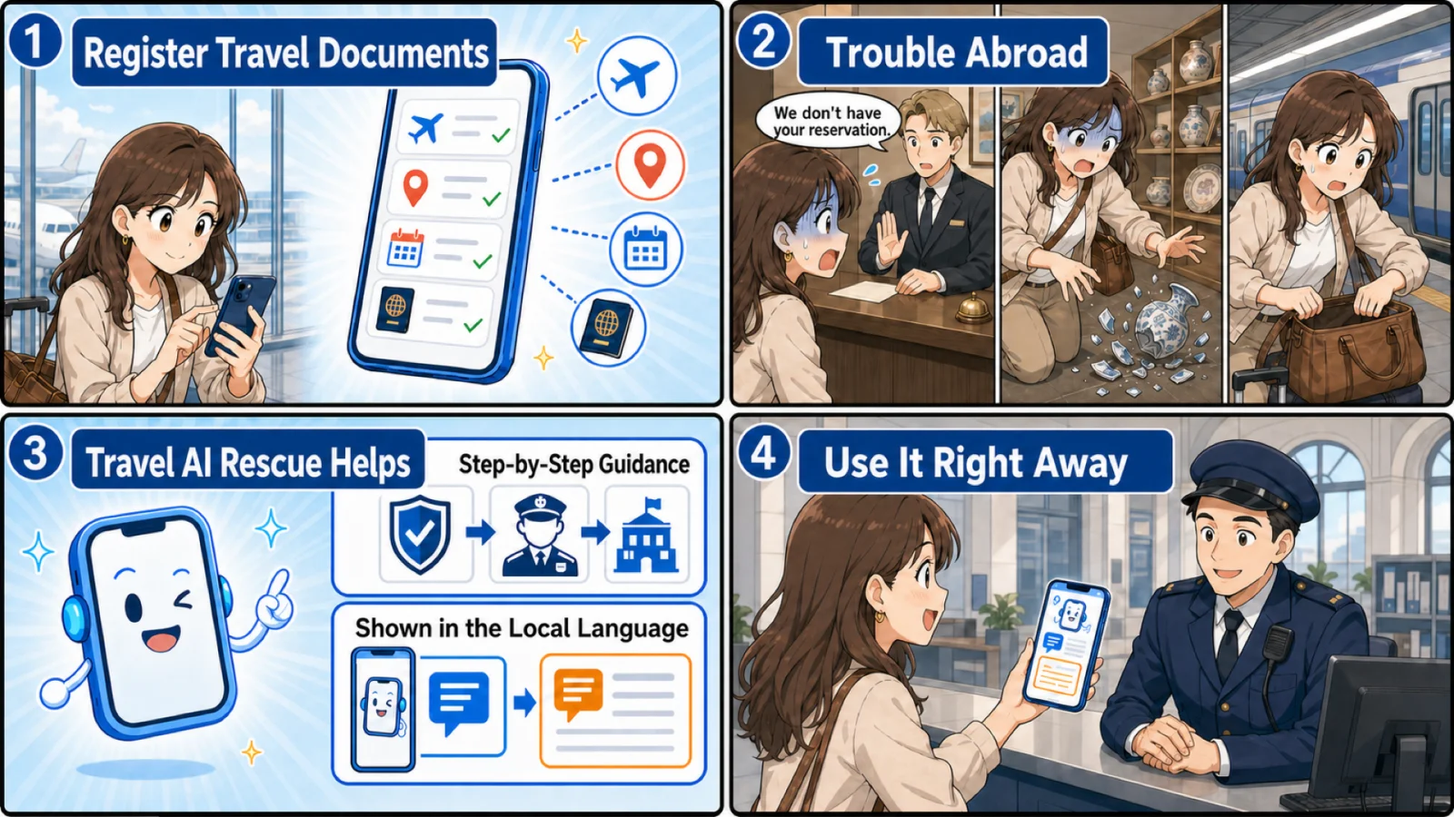 How it works in 4 steps: 1) Register travel documents 2) Trouble abroad 3) Travel AI Rescue helps (step-by-step guidance shown in the local language) 4) Use it right away