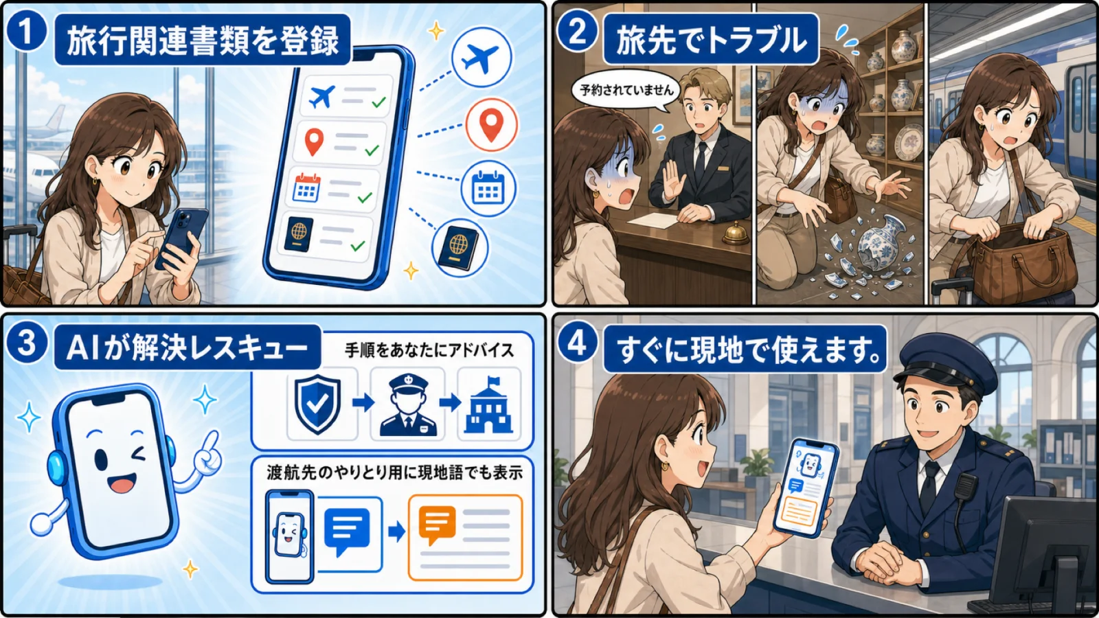 使い方4ステップ：①旅行関連書類を登録 ②旅先でトラブル ③トラベルAIレスキューが次にすることを現地語つきで案内 ④すぐに現地で使える